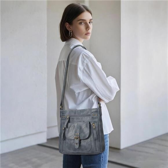 Womens Crossbody Bag PU Leather Multi Pocket Shoulder Purse Adjustable Medium - Picture 2 of 7